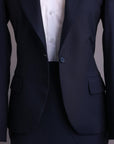 A Navy Blue, pencil stripe, nobility wool blend, business wide notch lapel suit & skirt pant.