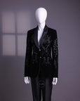 A Charcoal black velvet shawl lapel suit with floral ceramic beads detailing & pencil cut silk pant.