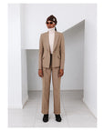 The “Anita” Suit  A Tortilla brown, peak lapel, double breasted jacket & straight pant