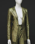 An Extended Notch Lapel, Spiral Gold Metallic Jacquard suit with palazo pant